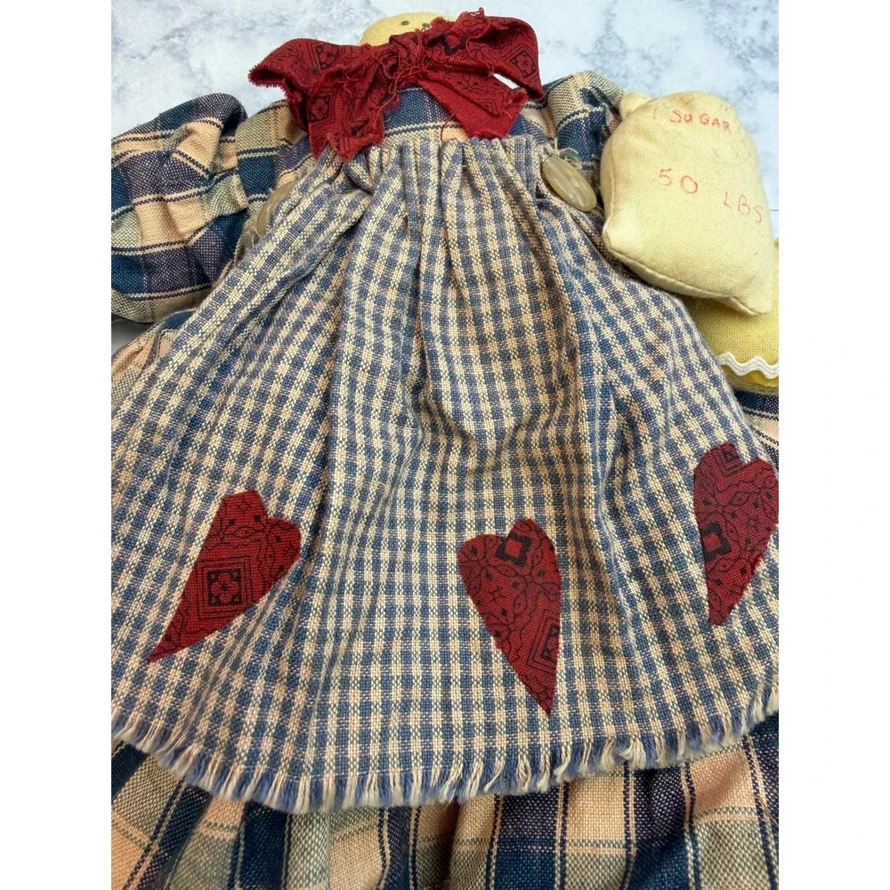 Primitive Cloth Doll Shelf Sitter Plaid Dress Country Farmhouse Folk Art 10in
